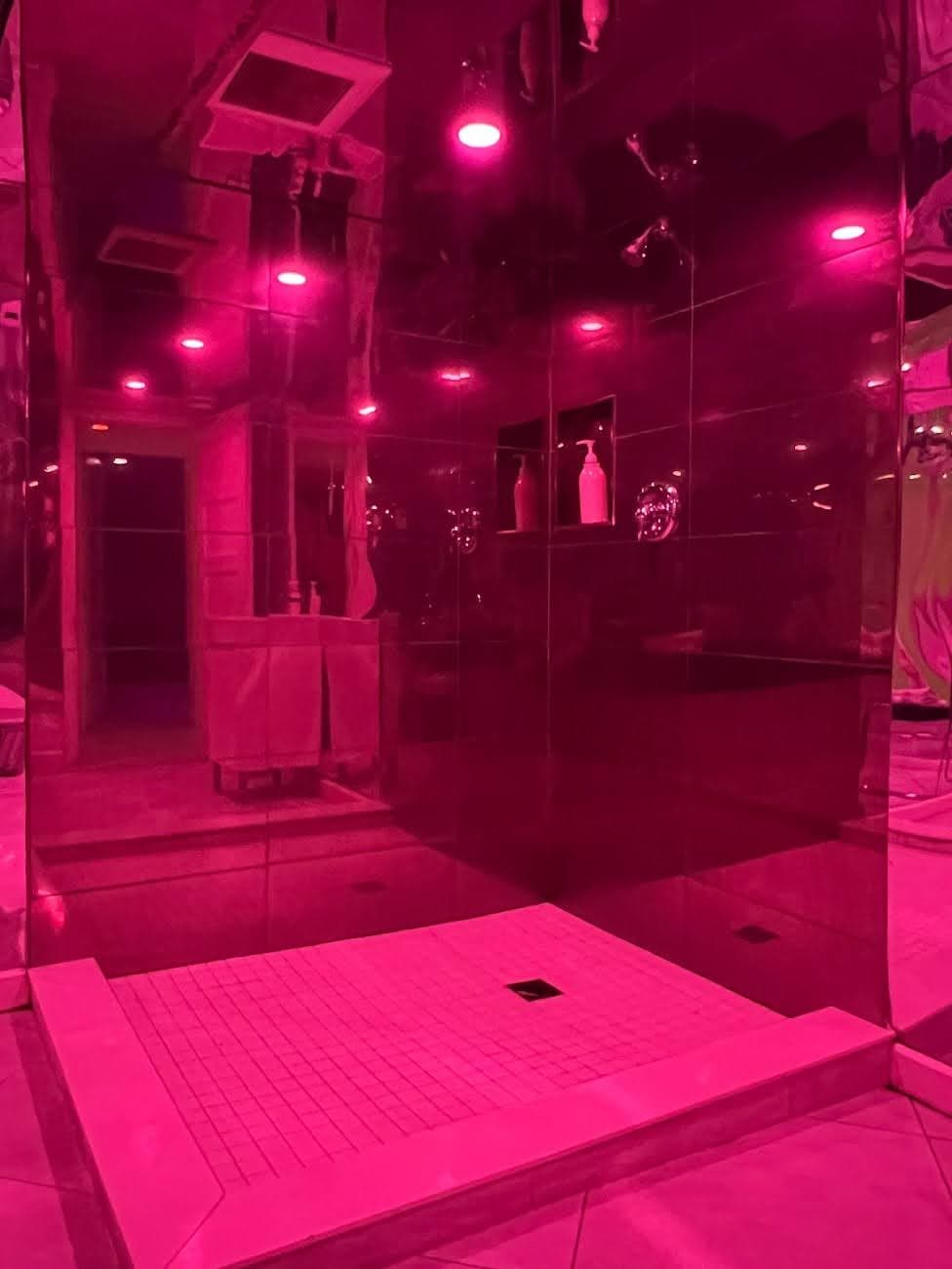 Mirrored shower room with pink ambient lighting at La Montrealaise
